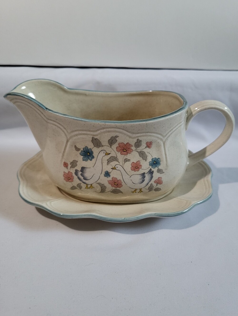 Country Geese Gravy Boat Or Pitcher With Platter Vintage Made In Japan